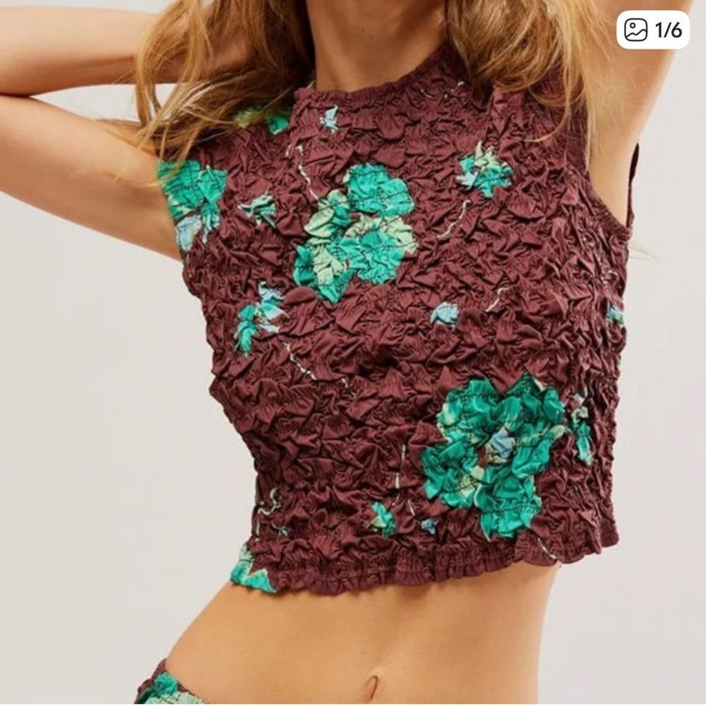 FREE PEOPLE Carino Floral Cotton Crop Top Size M crinkle
